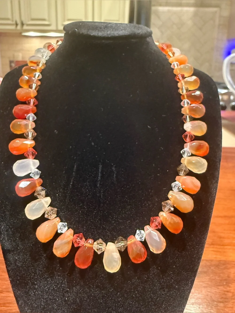 Carnelian Agate Briolette Statement Necklace Crystal Beaded